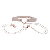Black faux leather collar with attached nipple clamps and chains